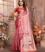 Pink tissue silk ethnic saree with wevon handloom designer