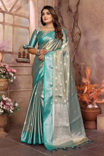 Grey tissue silk ethnic saree with wevon handloom designer
