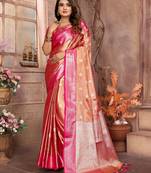 Orange tissue silk ethnic saree with wevon handloom designer