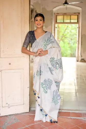  floral weaving off white muga cotton rich looks saree
