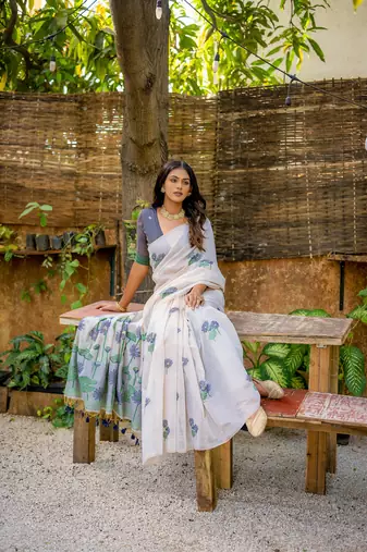  floral weaving off white muga cotton rich looks saree