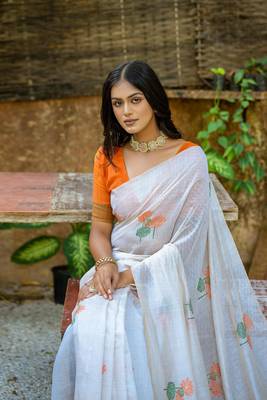  floral weaving off white muga cotton rich looks saree 2