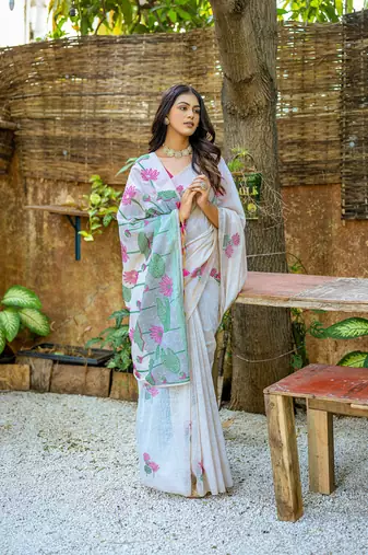  floral weaving off white muga cotton rich looks saree