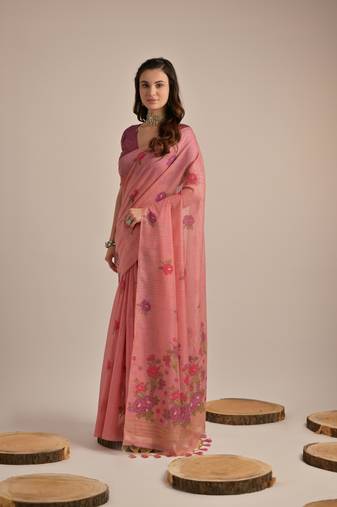 Rust multy floral weaving designer muga cotton saree