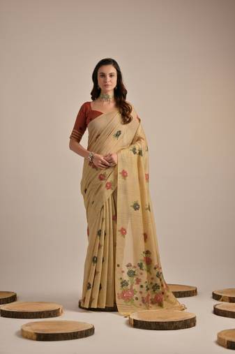Beige multy floral weaving designer muga cotton saree