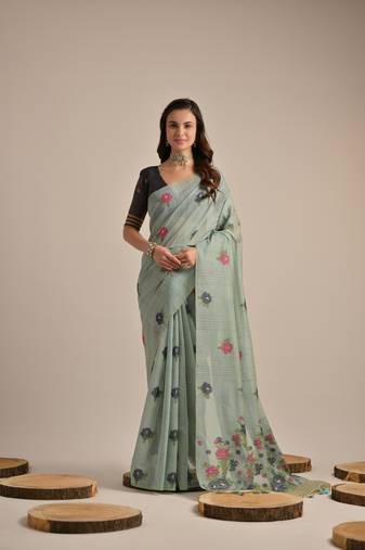 Grey multy floral weaving designer muga cotton saree