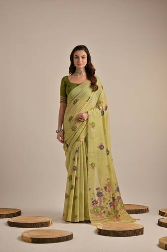 Pista multy floral weaving designer muga cotton saree
