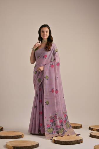 Purple multy floral weaving designer muga cotton saree