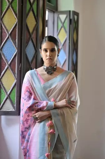 Pink muga cotton festive saree