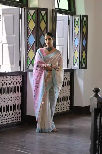 Pink muga cotton festive saree