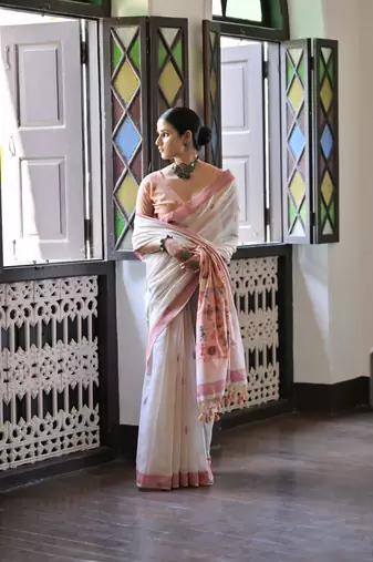 Peach muga cotton festive saree