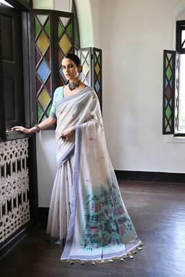 Blue muga cotton festive saree 1