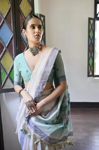Blue muga cotton festive saree