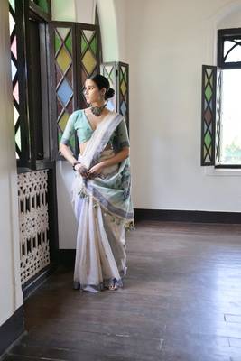Blue muga cotton festive saree 3