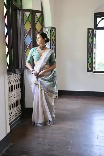 Blue muga cotton festive saree