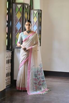 Sea green muga cotton festive saree 1