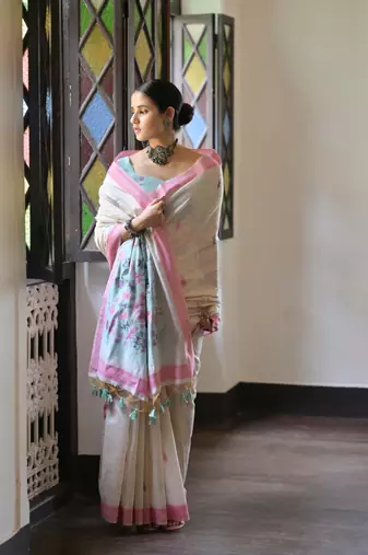 Sea green muga cotton festive saree