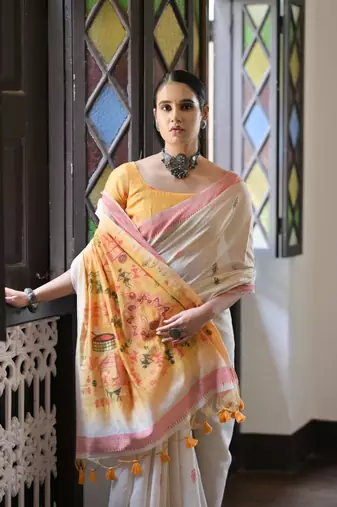 Orange muga cotton festive saree