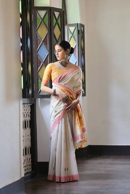 Orange muga cotton festive saree 3