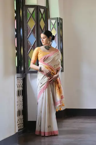 Orange muga cotton festive saree