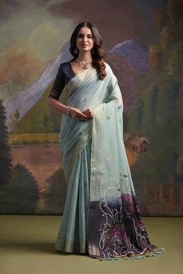 Ethnic sky blue muga cotton fancy woven saree 1