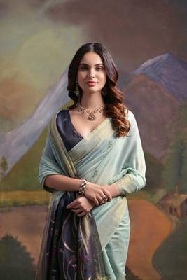 Ethnic sky blue muga cotton fancy woven saree 2