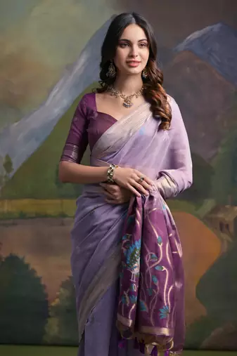 Ethnic lavender muga cotton fancy woven saree