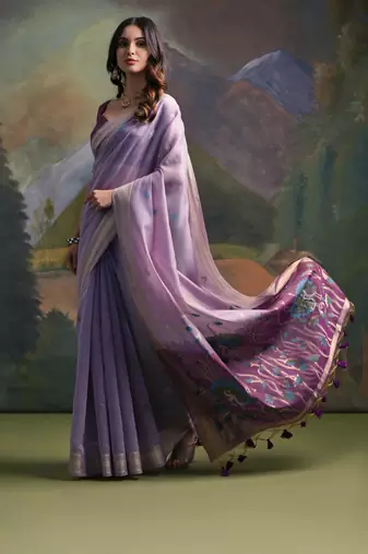 Ethnic lavender muga cotton fancy woven saree