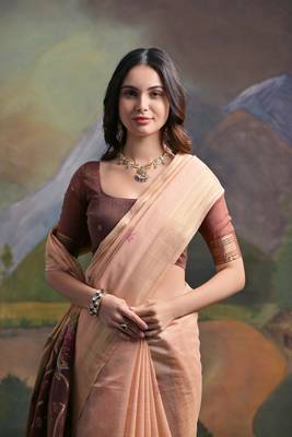 Ethnic peach muga cotton fancy woven saree 2