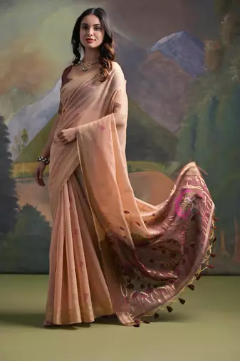 Ethnic peach muga cotton fancy woven saree