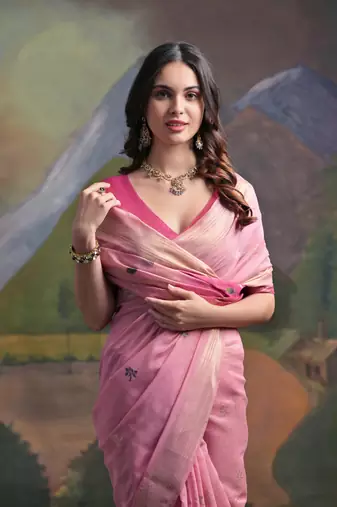 Ethnic pink muga cotton fancy woven saree