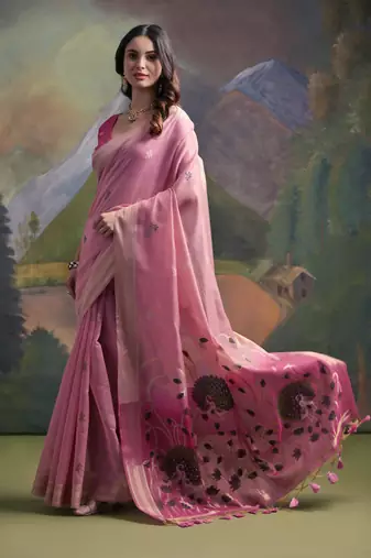 Ethnic pink muga cotton fancy woven saree