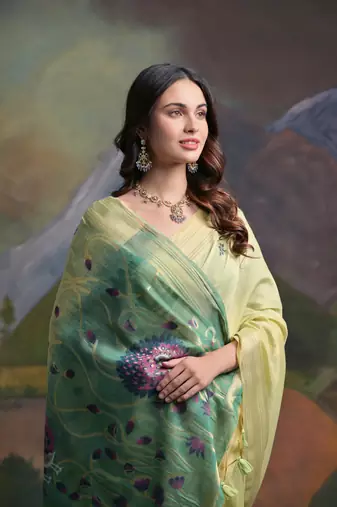 Ethnic pista muga cotton fancy woven saree