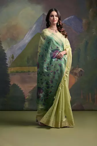Ethnic pista muga cotton fancy woven saree