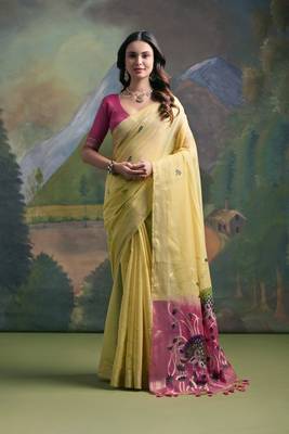 Ethnic yellow muga cotton fancy woven saree 1