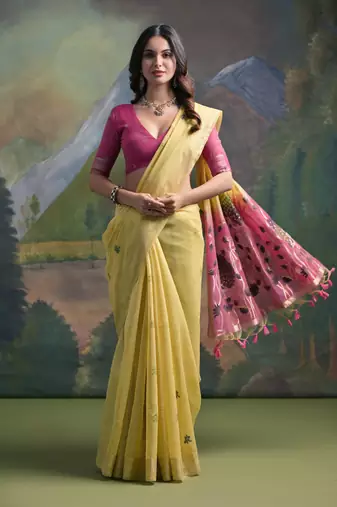 Ethnic yellow muga cotton fancy woven saree
