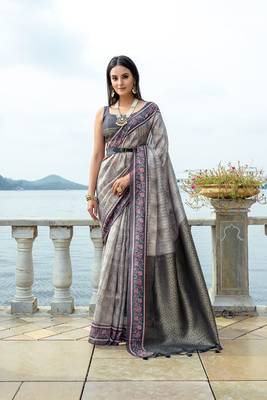 woven soft silk blend saree in grey with print work 1
