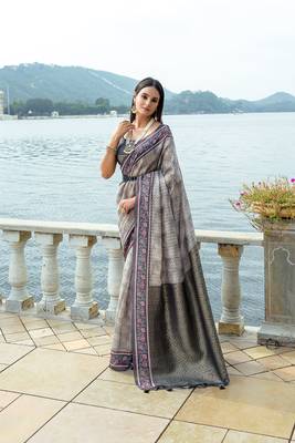 woven soft silk blend saree in grey with print work 3