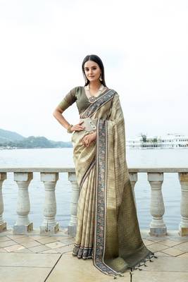 woven soft silk blend saree in pista with print work 1