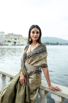 woven soft silk blend saree in pista with print work 2