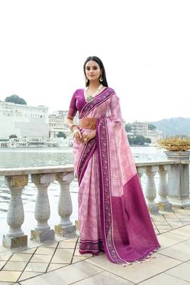 pink woven soft silk blend saree in with print work 1