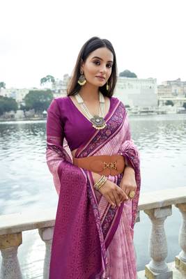 pink woven soft silk blend saree in with print work 2