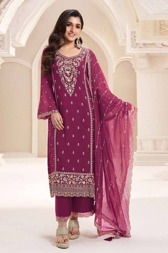 Wine beautiful designer embroidery work chiffon fabric salwar kameez