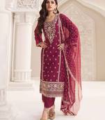 Maroon beautiful designer embroidery work chiffon fabric salwar kameez