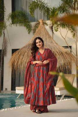 Rust beautiful muslin fabric digital printed girlie ceremonial dress 1