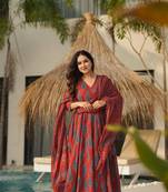 Rust beautiful muslin fabric digital printed girlie ceremonial dress