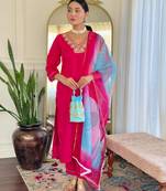 Pink rayon slub festive wear readymade suit for girlie looks