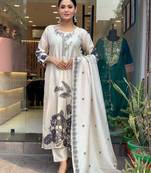 Off white chinon silk festive wear readymade suit for girlie looks