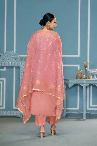 Peach roman cotton fabric embroidery with hand work festive salwar kameez