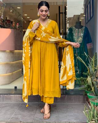 Mustard chinon silk festive wear readymade suit for girlie looks 3